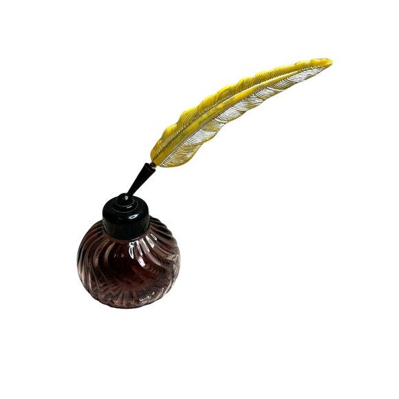 Vintage Avon Glass Ink Bottle With Yellow Feather Quill Pen Set - Empty - Picture 4 of 9